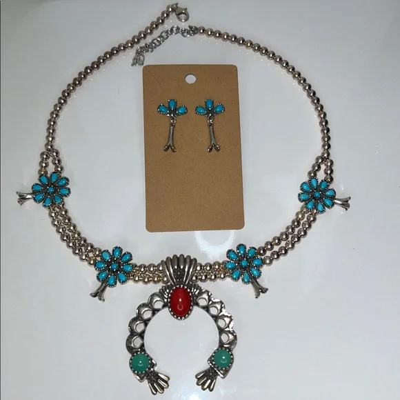 NWOT Carolyn Pollack Sterling Silver Squash Blossom Designer Necklace Earrings - Picture 2 of 12